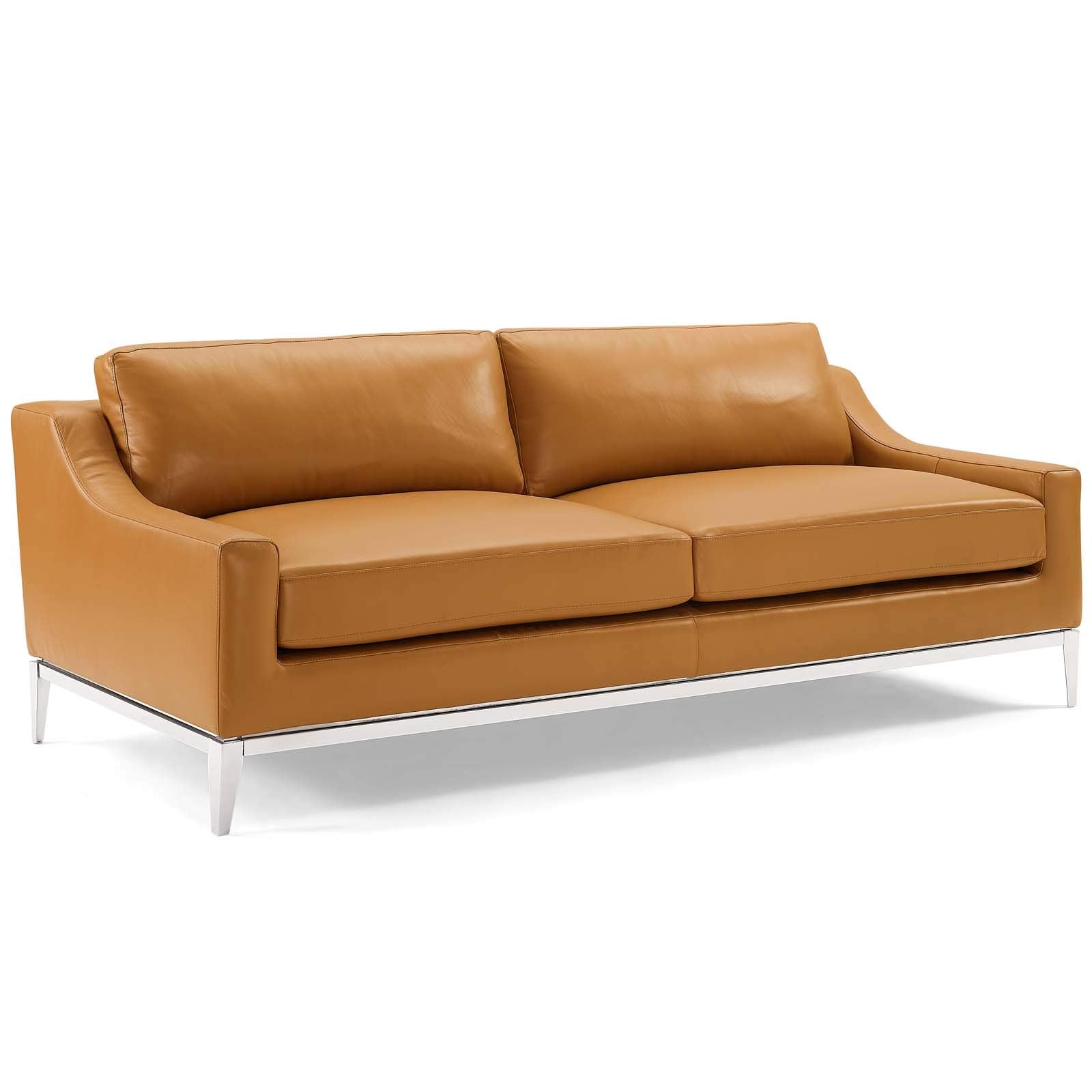 Modway Harness 83.5" Leather Sofa In Tan With Stainless Steel Base